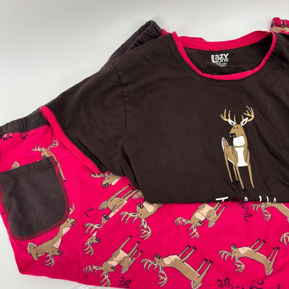 Lazy One Womens Pajama Set L/XL‎ Pink Brown Trophy Wife Deer Graphic Cabin Life